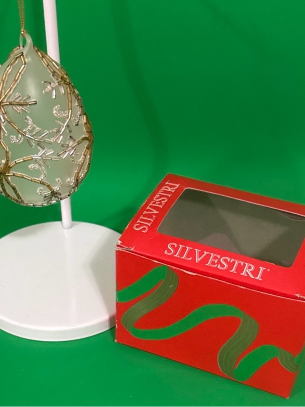Set of 6 - VTG Silvestri Beaded Egg Ornaments White Gold Silver Resin w/ Boxes